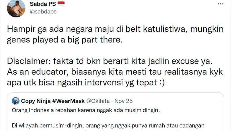 Tweet Sabda PS dan Okihita terkait cuaca dan kemajuan suatu negara (Twitter).