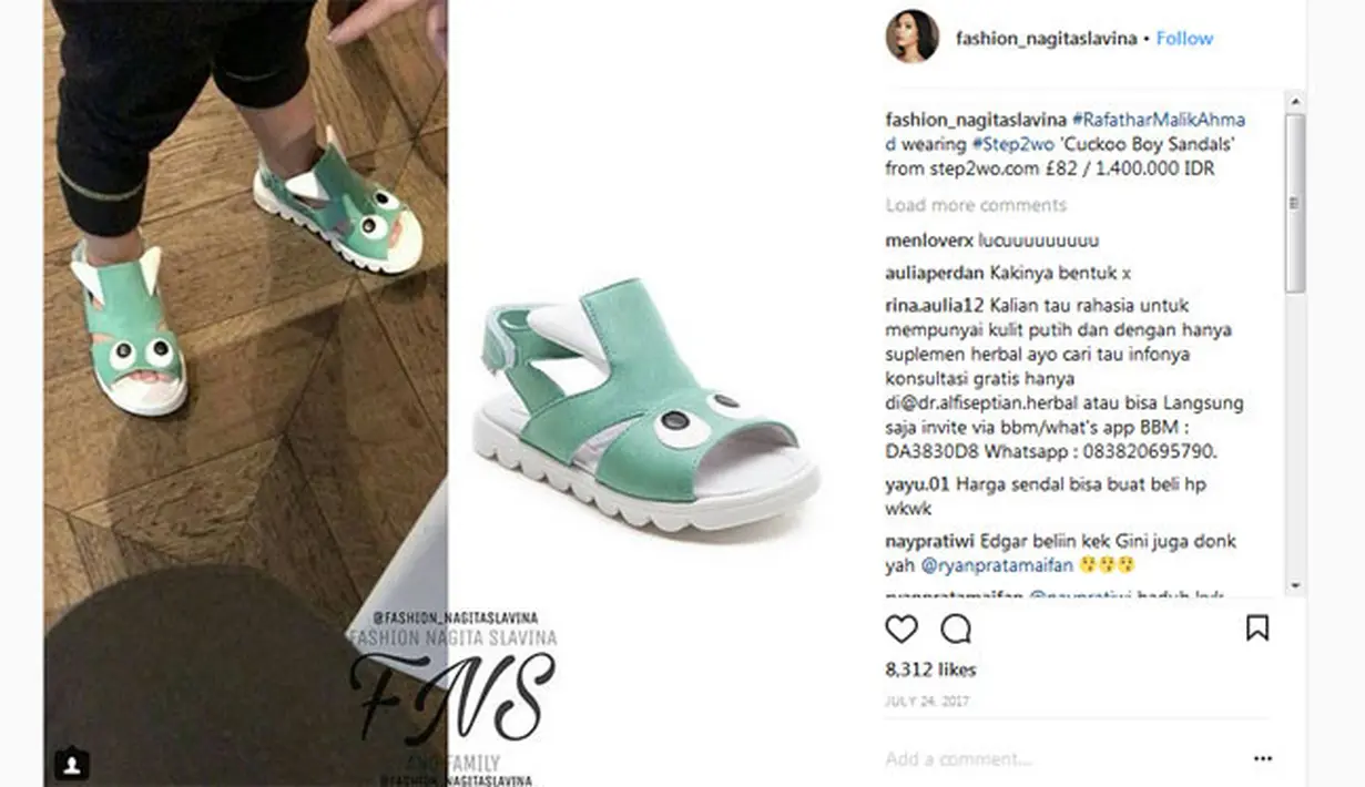Sepatu sandal menggemaskan yang dipakai sahabat karibnya Gempita Nora Marten ini juga punya harga tinggi loh, tepatnya bernilai Rp. 1.400.000. (Instagram/fashion_nagitaslavina)