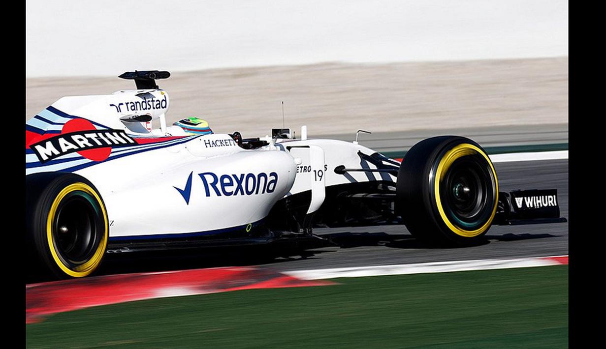 Pebalap Williams, Felipe Massa berada di posisi ketiga dengan waktu 1 menit 23,644 detik pada sesi sore hari keempat tes pramusim F1 2016 di Sirkuit Catalunya, Barcelona, Spanyol, Jumat (4/3/2016). (Bola.com/Twitter/WilliamsRacing)