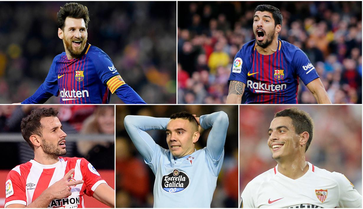Striker Barcelona, Lionel Messi, memimpin daftar pencetak gol sementara La Liga dengan torehan 15 gol. Berikut daftar top scorer sementara La Liga Spanyol pekan ke 17. (Foto Kolase AP dan AFP)