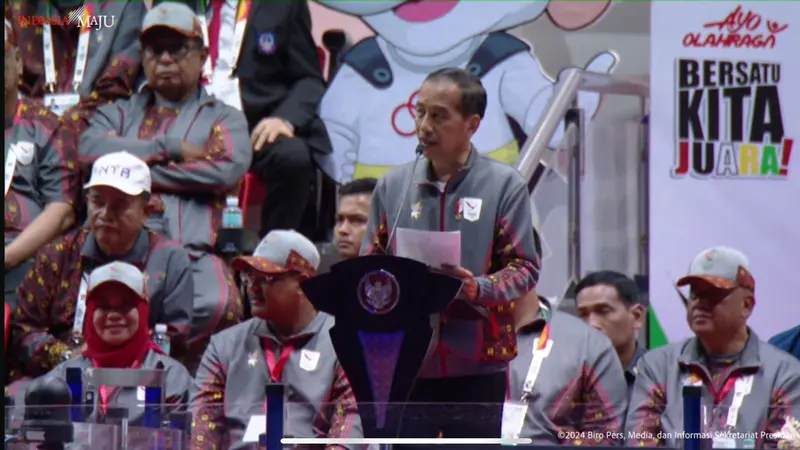 Presiden Joko Widodo atau Jokowi saat membuka Pekan Olahraga Nasional (PON) XXI Aceh-Sumatera Utara (Sumut) di Stadion Harapan Bangsa, Kota Banda Aceh, Provinsi Aceh, Senin (9/9/2024).