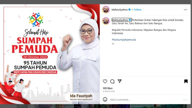Menteri Ketenagakerjaan Ida Fauziyah mengucapkan Selamat Hari Sumpah Pemuda yang jatuh tepat pada hari ini, Sabtu (28/10/2023).