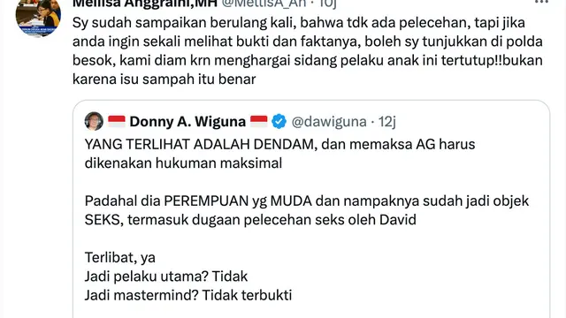 Cuitan Mellisa Anggraini kuasa hukum David Ozora. (Foto: Dok. Twitter @MellisA_An)