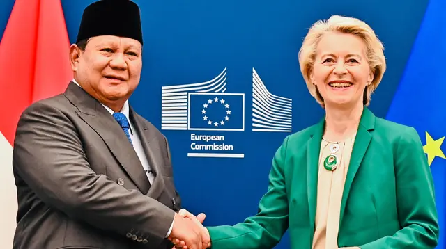 Presiden&nbsp;Prabowo bersama Presiden Komisi Eropa Ursula von der Leyen di Brussel, Belgia.