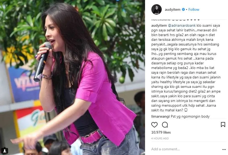 Audy Item memberikan jawaban terkait komentar warganet tentang bentuk tubuhnya (Instagram/@audyitem)