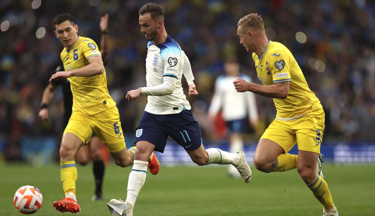 Gol kedua Inggris diciptakan Bukayo Saka hanya tiga menit kemudian atau menit ke-40, memanfaatkan assist Jordan Henderson. (AP Photo/Ian Walton)