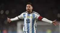 Ekspresi Lionel Messi setelah mencetak gol ke gawang Ekuador pada laga Kualifikasi Piala Dunia 2026 zona Amerika Selatan di Stadion Monumental, Buenos Aires, Jumat (8/9/2023) pagi WIB. (AP Photo/Gustavo Garello)