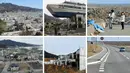 Foto kombinasi kondisi porak-poranda wilayah pesisir Jepang setelah dihantam tsunami pada 11 Maret 2011 (atas) dan kondisi lokasi yang sama 10 tahun kemudian (bawah). Tepat hari ini 10 tahun lalu, gelombang tsunami akibat gempa berkekuatan magnitudo 9,0 menyapu wilayah pesisir Jepang. (AFP Photo)