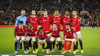 Penggawa Manchester United (MU) berfoto jelang laga lanjutan Liga Europa kontra Omonia Nicosia di Liga Europa, Jumat (14/10/2022) dini hari WIB. (AP Photo/Dave Thompson)