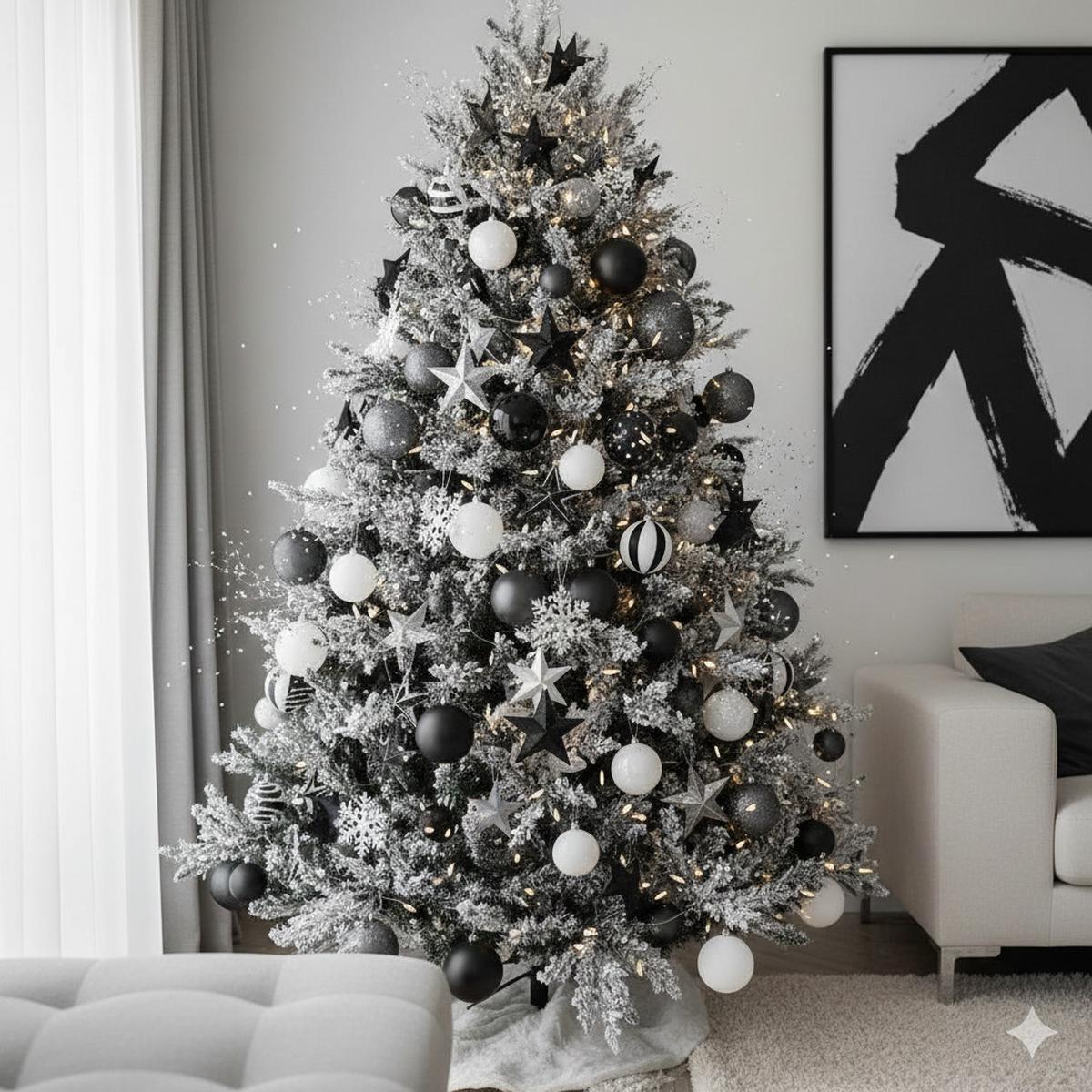 Pohon Natal Bergaya Monokrom dengan Sentuhan Glitter