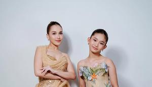 Bilqis tampil elegan berbalut brukat dress A-line dengan bordir warna-warni yang kontras namun apik [@ayutingting92]