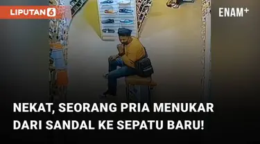 Tampak seorang pria sedang duduk sambil mencoba sepatu dari rak toko. Terlihat, ketika dia sudah merasa nyaman terhadap sepatu itu, gelagatnya berubah