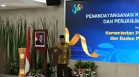 Menteri Pekerjaan Umum (PU) Dody Hanggodo dalam sesi penandatanganan nota kesepahaman (MoU) bersama Badan Pusat Statistik (BPS) di Kantor Kementerian PU, Jakarta, Selasa (19/8/2025). (Liputan6.com/Maulandy)