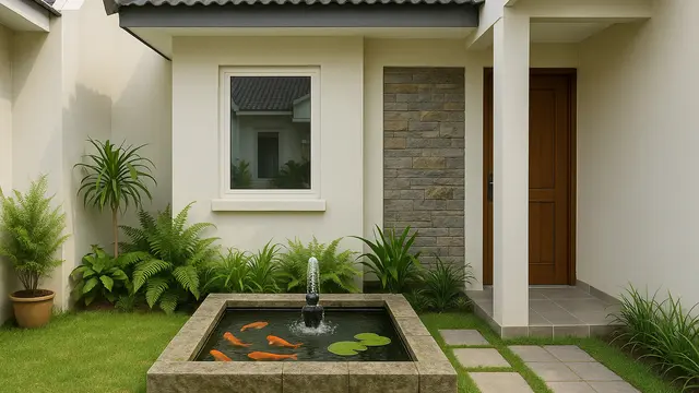 Model Rumah Sederhana dengan Kolam Ikan di Depan (Foto: ChatGPT)