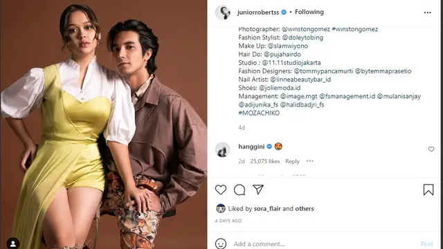Hanggini berkomentar dalam potret Junior Roberts dan Rebecca Klopper