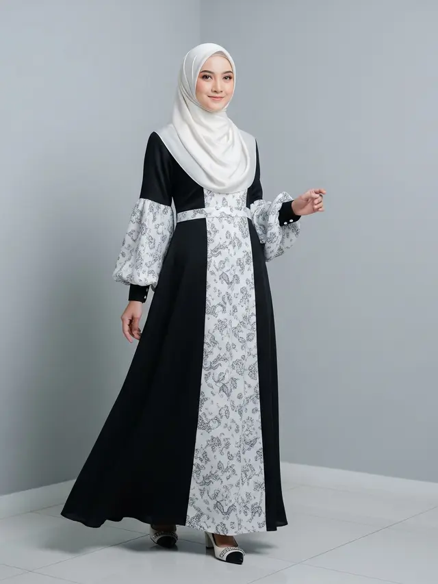 Model Gamis Kombinasi Hitam Putih Model Lengan Balon