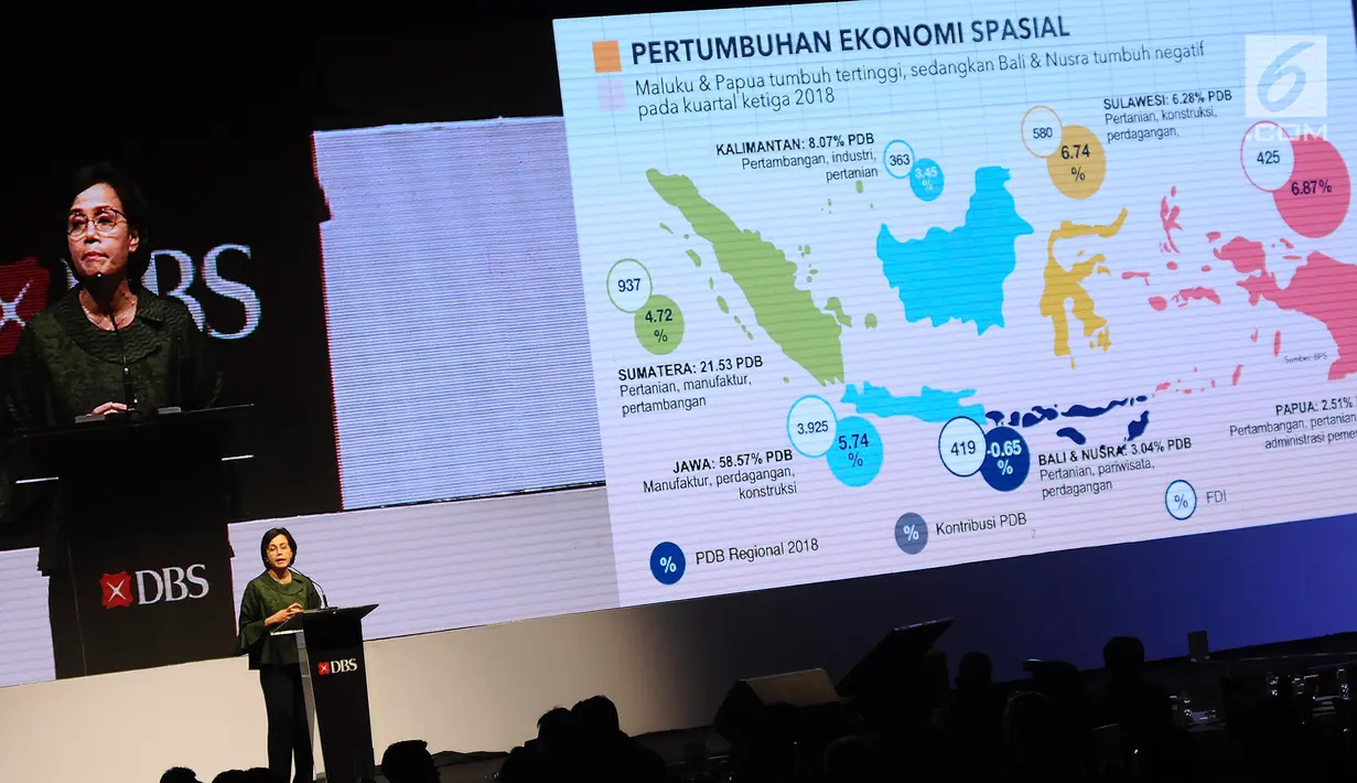 Menteri Keuangan Sri Mulyani menjadi pembicara dalam DBS Asian Insights Conference 2018 di Jakarta, Kamis (31/1). Acara ini membahas prospek pertumbuhan ekonomi Indonesia. (Liputan6.com/Herman Zakharia)