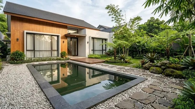 Taman Zen Tropis dengan Kolam Pantul Minimalis