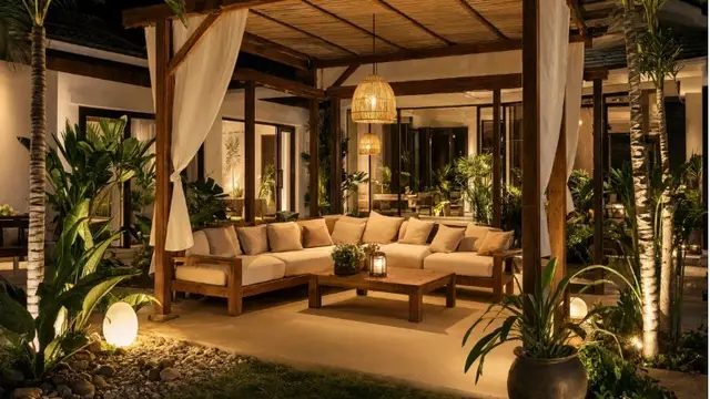 Inspirasi Area Duduk Outdoor di Halaman Belakang dengan Pergola dan Tanaman Hias (AI Generated)
