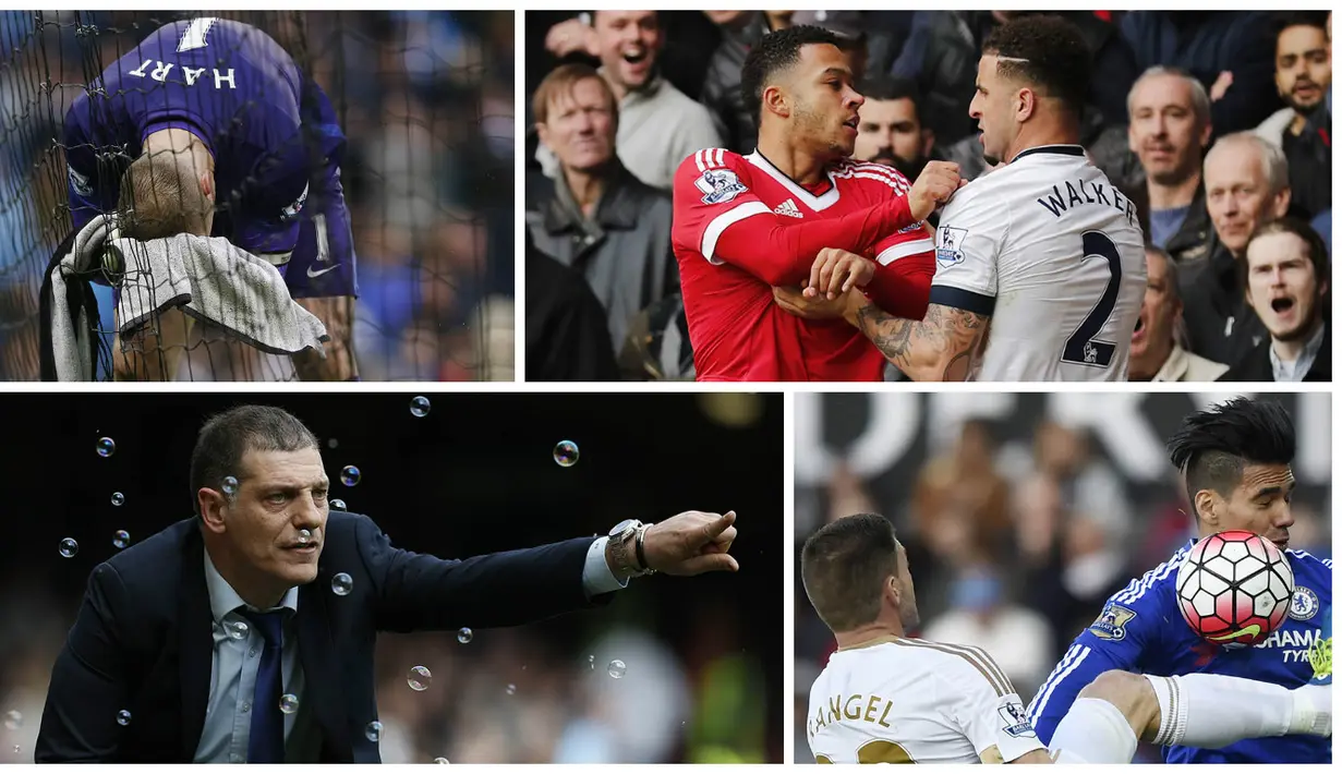 10 Foto terbaik Liga Premier Inggris pekan ke-33 diwarnai oleh bersitegangnya pemain Manchester United, Memphis Depay, dengan pemain Tottenham, Kyle Walker. (AFP-Reuters)