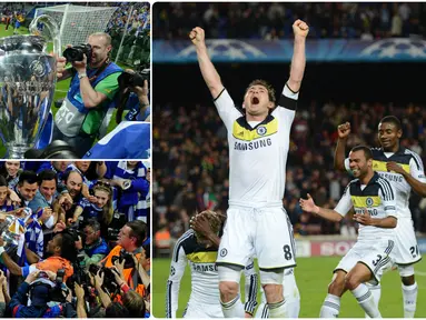 Chelsea pernah merasakan manisnya mengangkat trofi kasta tertinggi kompetisi antar klub Eropa usai mengalahkan Bayer Munchen di laga final Liga Champions pada 2012. Berikut pemain chelsea saat suskes meraih trofi juara Liga Champions 2012. (kolase foto AFP)