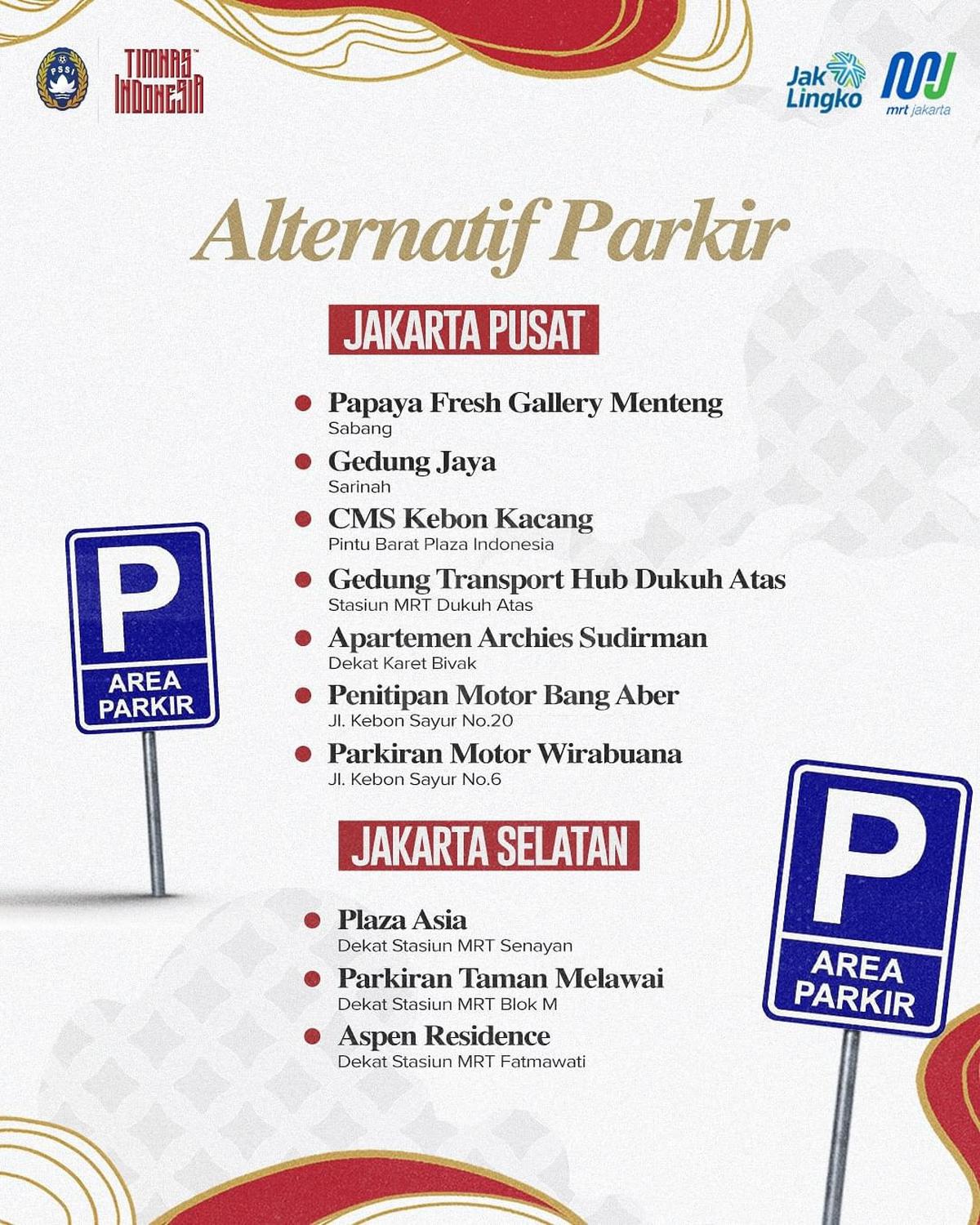 Titik Parkir Kendaraan Saat Nonton Timnas Indonesia di GBK