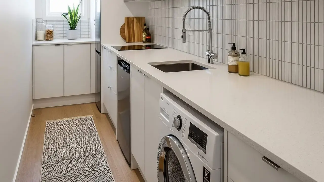 Desain Dapur Kecil dan Area Laundry dalam Satu Ruang