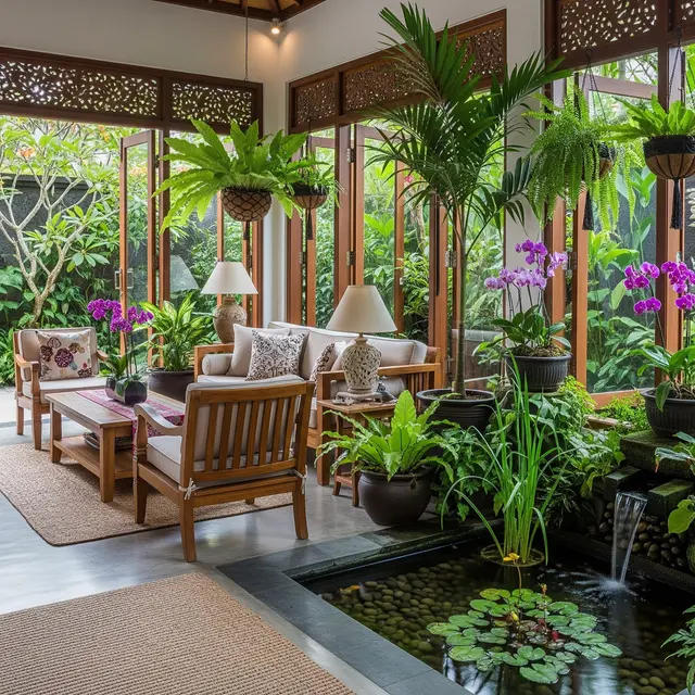 Model Ruang Tamu dengan Tanaman Hias dan Kolam Mini
