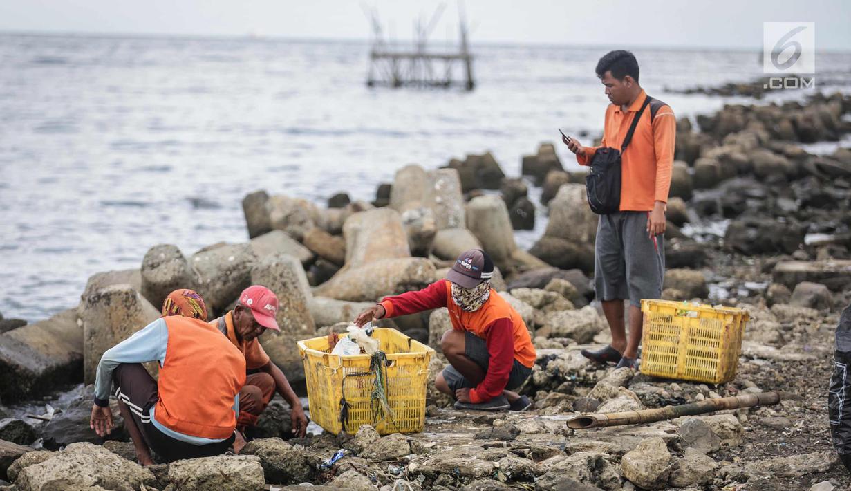 Petugas kebersihan membersihkan sampah laut di Pelabuhan Kali Adem, Jakarta, Senin (1/1). Banyaknya sampah plastik dibandingkan ikan yang gagal dikelola dengan baik membuat limbah yang mengakibatkan laut tercemar.  (Liputan6.com/Faizal Fanani)