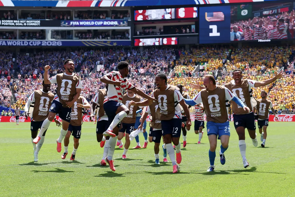 Selebrasi Amerika Serikat saat menjebol gawang Australia di laga kedua Piala Dunia 2026