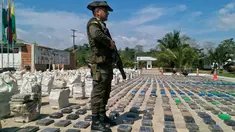 Seorang polisi Kolombia berdiri di antara 8 ton kokain dalam bentuk bungkusan paket yang disita di sepanjang wilayah perbatasan dengan Panama, Minggu (15/5). Menurut pejabat setempat, ini adalah penemuan terbesar di Kolombia. (Colombian Police/AFP)
