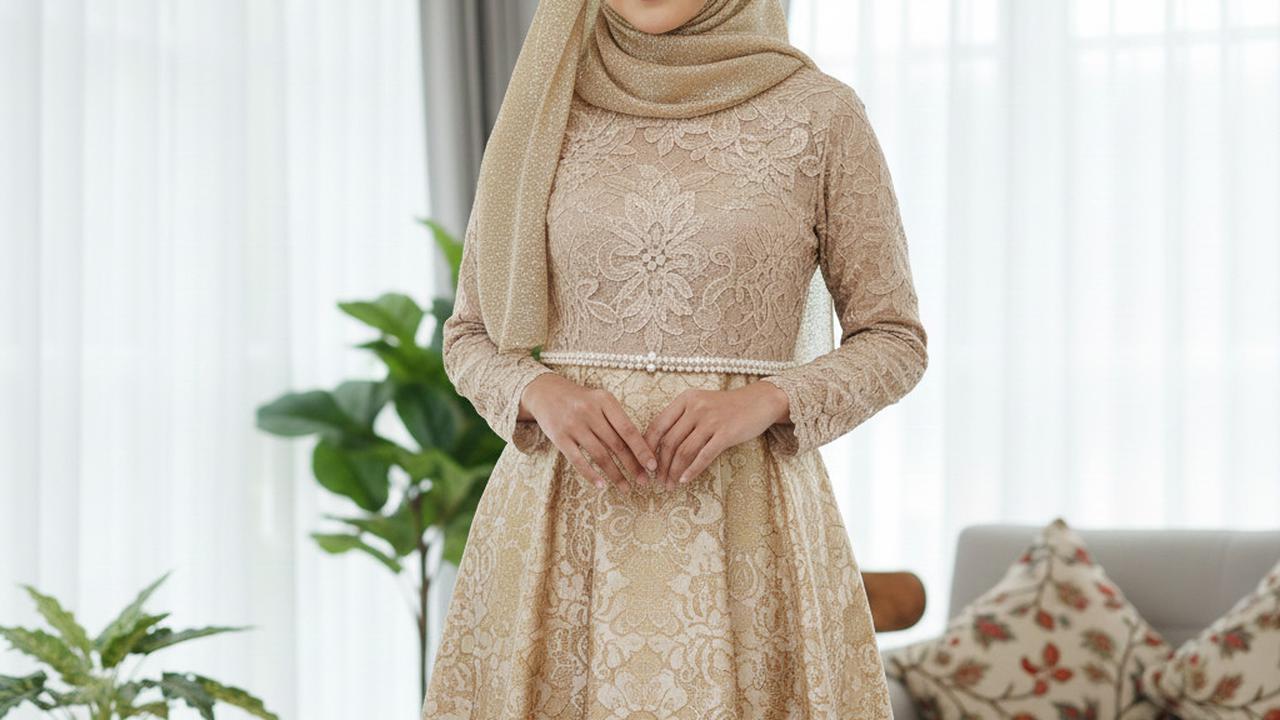 Gamis Batik Brokat Warna Champagne dengan Kerudung Gold Berkilau