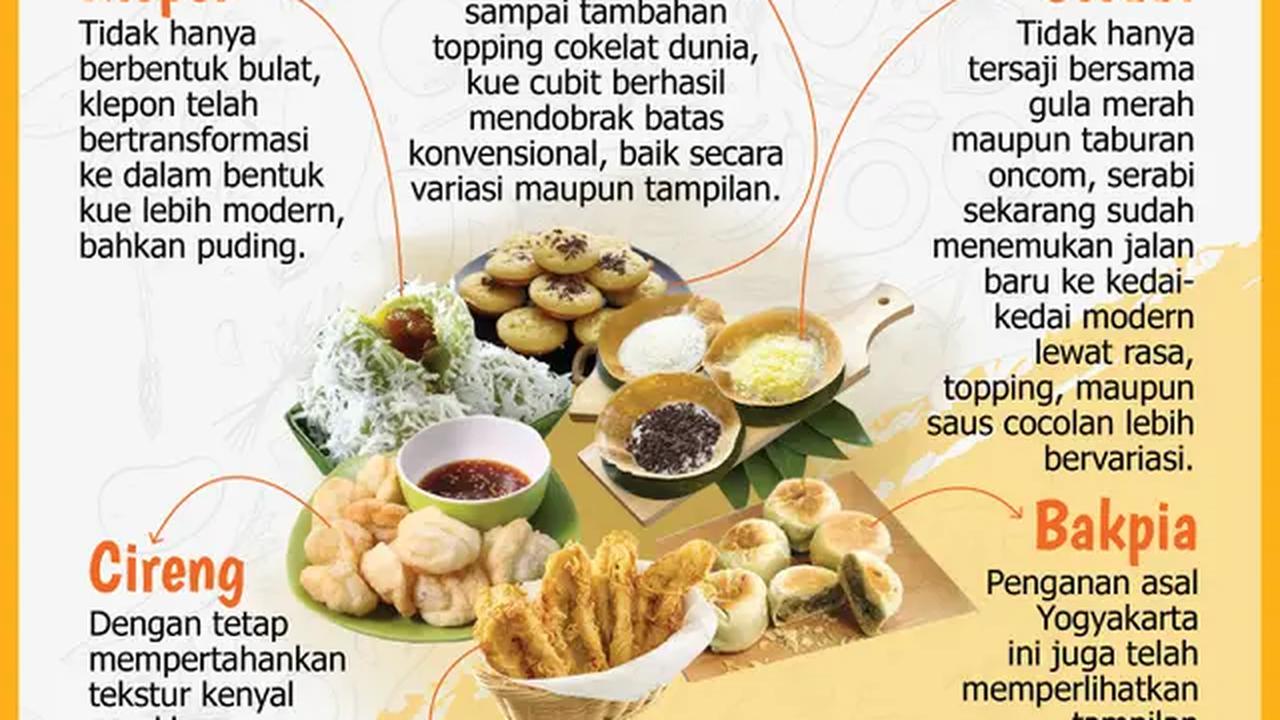 Infografis tampilan kekinian camilan tradisional. (Liputan6.com/Triyasni)