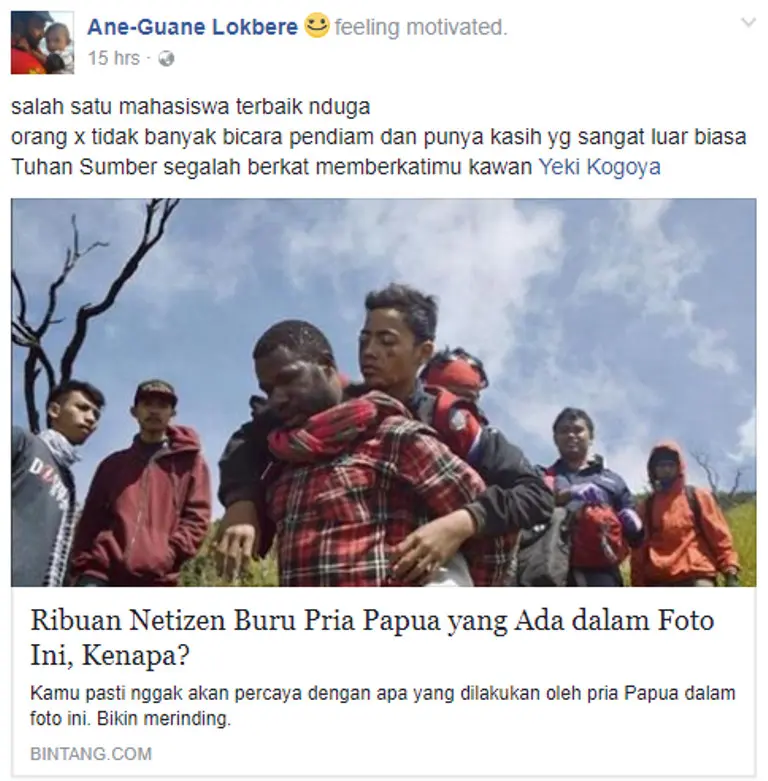 Netizen mengungkap identitas pria asal Papua yang menggendong pendaki di Gunung Slamet. (Sumber Foto: Ane-Guane Lokbere/Facebook)