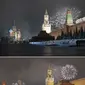 Gambar kombo menunjukkan kembang api di atas Kremlin dan Menara Spasskaya di Lapangan Merah yang hampir kosong selama perayaan Tahun Baru di Moskow, Rusia 31 Desember 2020 dan di bawahnya, file foto diambil dari sudut yang sama 31 Desember 2019. (AP Photo/Pavel Golovkin, Denis Tyrin)