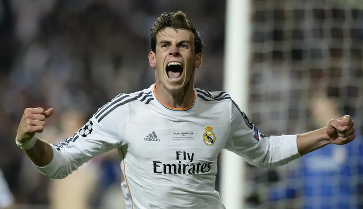 Selebrasi Gareth Bale usai mencetak gol ke gawang Atletico Madrid di Final Liga Champions, Estadio da Luz, Lisbon, Portugal, Minggu (25/5/2014) dinihari WIB (AFP PHOTO/FRANCK FIFE)