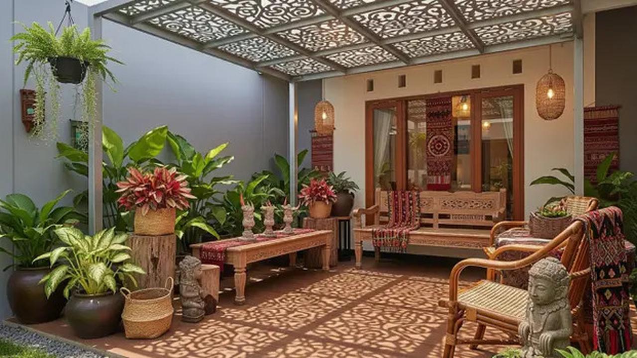 8 Model Teras Rumah Kecil dengan Kanopi Baja Ringan dan Tanaman Tropis Segar
