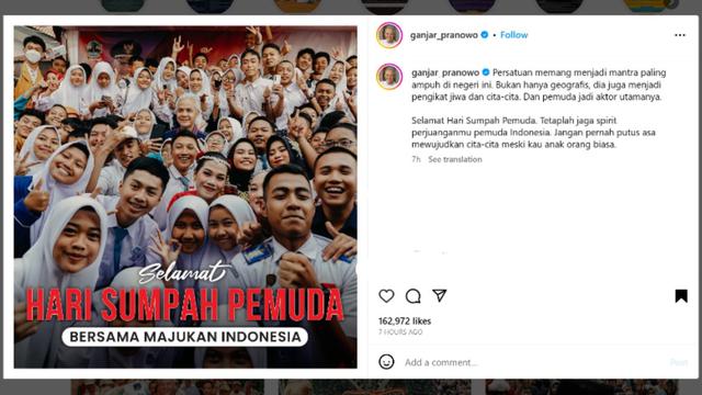 Bakal calon presiden (capres) Ganjar Pranowo mengucapkan Selamat Hari Sumpah Pemuda yang jatuh tepat pada hari ini, Sabtu (28/10/2023).