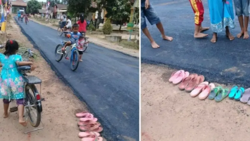 viral foto anak-anak pertama kali bermain di aspal (Foto: Twitter.com/@gothed)