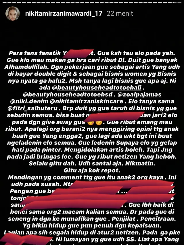 Unggahan Nikita Mirzani. (Foto: Instagram @nikitamirzanimawardi_17)