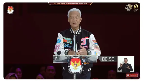 <p>Calon Presiden (Capres) nomor urut 03 Ganjar Pranowo saat debat Pilpres 2024 terakhir yang digelar Minggu (4/2/2024) di Jakarta Convention Center (JCC), Senayan, Jakarta Pusat. (Tangkapan Layar YouTube KPU RI)</p>