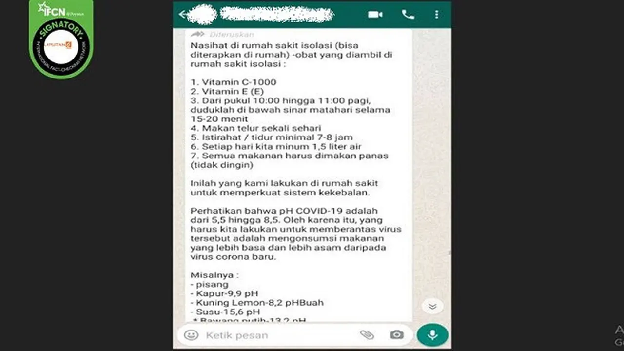 Gambar Tangkapan Layar Pesan Berantai Berisi Klaim Mngonsumsi Makanan dengan Asam Tinggi Bisa Sembuhkan Covid-19 (sumber: Facebook)