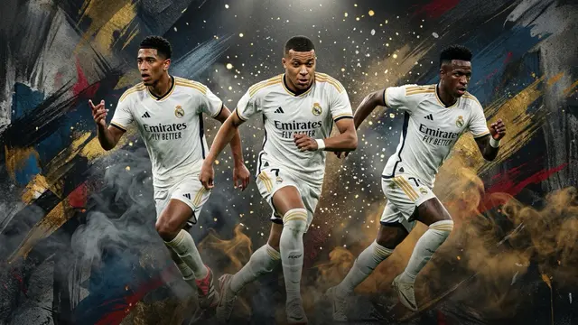 Ilustrasi Real Madrid, Jude Bellingham, Kylian Mbappe, Vinicius