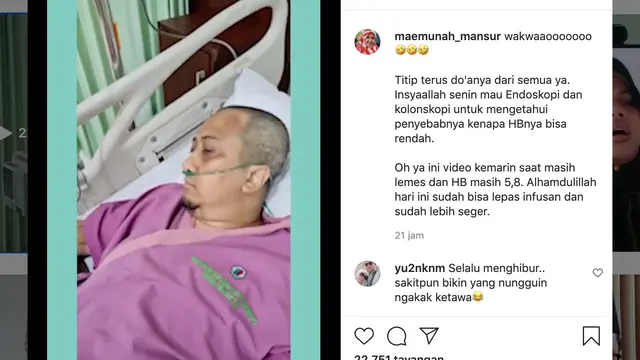 Unggahan Siti Maemunah terkait kondisi kesehatan ustaz Yusuf Mansur. (Foto: Instagram @maemunah_mansur)