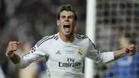 Selebrasi Gareth Bale usai mencetak gol ke gawang Atletico Madrid di Final Liga Champions, Estadio da Luz, Lisbon, Portugal, Minggu (25/5/2014) dinihari WIB (AFP PHOTO/FRANCK FIFE)