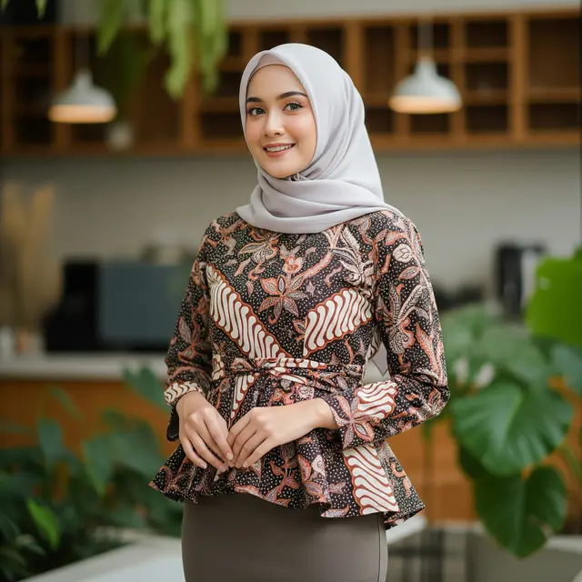 Atasan Batik Peplum dengan Rok Span Polos