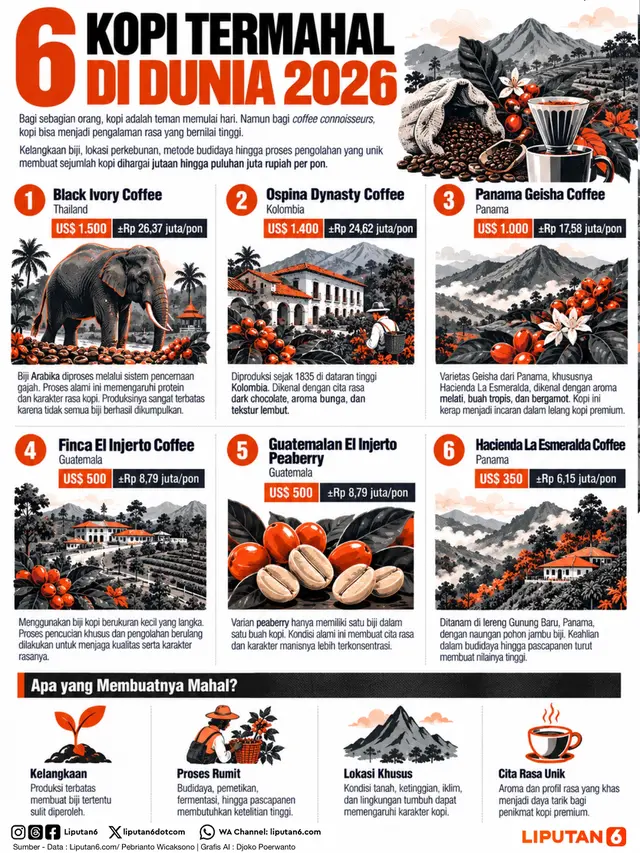 Infografis 6 Kopi Termahal Di Dunia 2026.