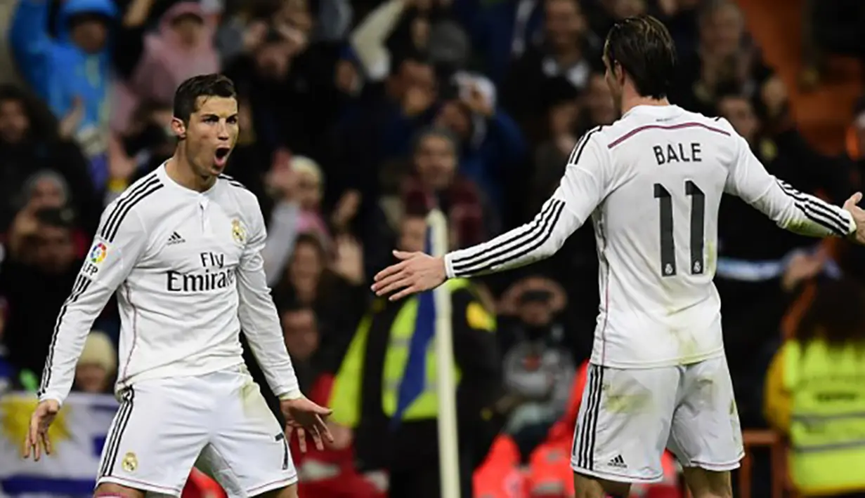 Penjualan jersey dari Real Madrid berada pada posisi pertama dengan angka 1,4 juta per tahun. Jersey bernama Cristiano Ronaldo menjadi salah satu yang terlaris. (AFP Photo/Javier Soriano)