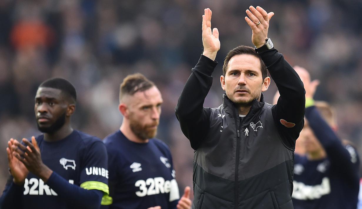 Pada 31 Mei 2018 Frank Lampard ditunjuk sebagai manajer tim Derby County dengan kontrak selama 3 tahun. Setelah membawa timnya lolos ke Championship play-offs dan akhirnya kalah oleh Aston Villa 1-2, Lampard memutuskan pergi untuk menukangi mantan klubnya, Chelsea. (AFP/Glyn Kirk)