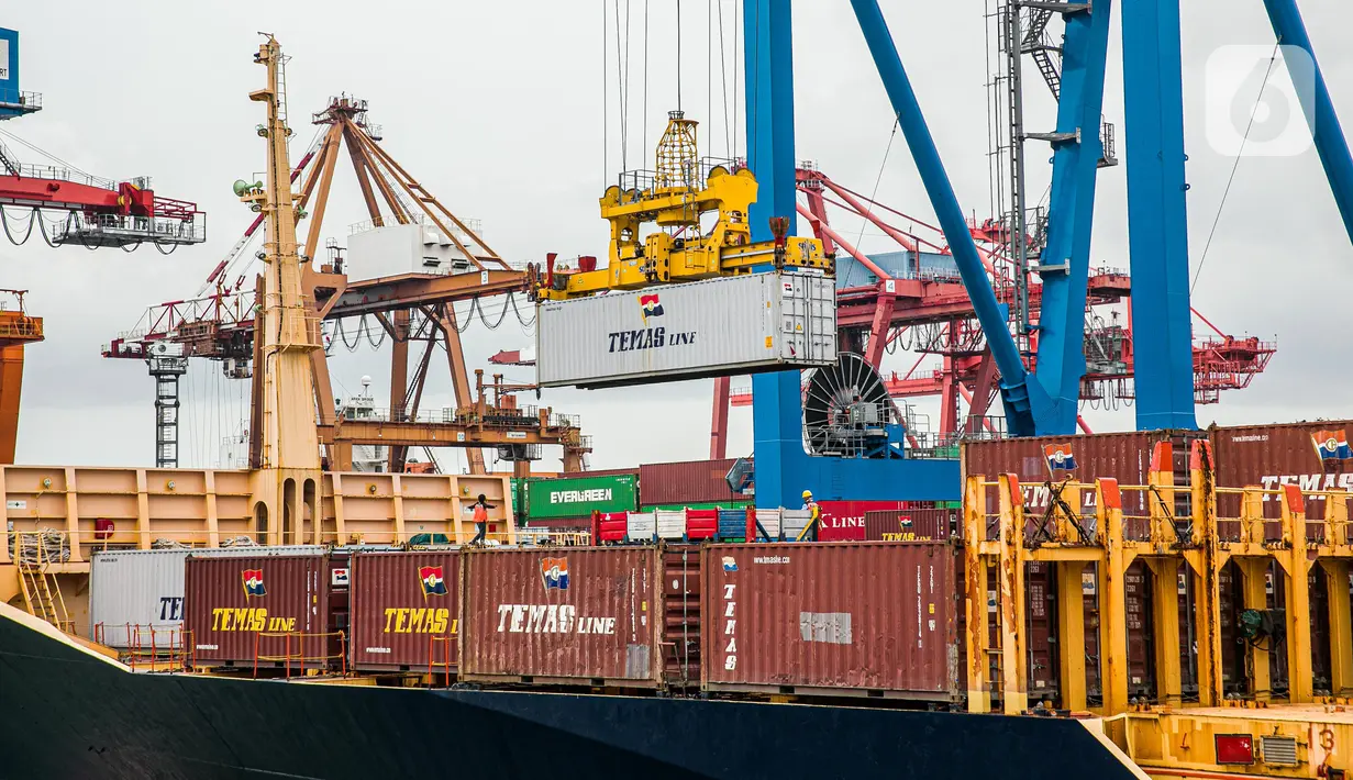 Suasana aktivitas bongkar muat peti kemas di Pelabuhan Tanjung Priok, Jakarta Utara, Kamis (21/1/2021). Bank Indonesia (BI) kembali mempertahankan tingkat suku bunga acuan atau BI 7-day Reverse Repo Rate sebesar 3,75 persen. (Liputan6.com/Faizal Fanani)